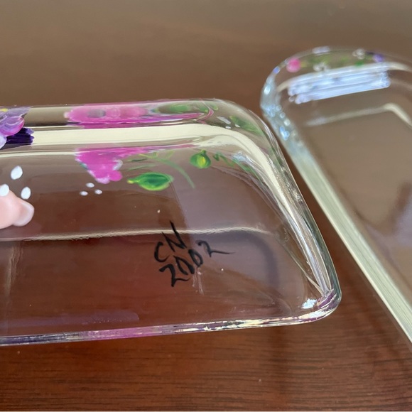 Vintage Hand Painted Flowered Glass Butter Dish With Lid - Picture 7 of 7